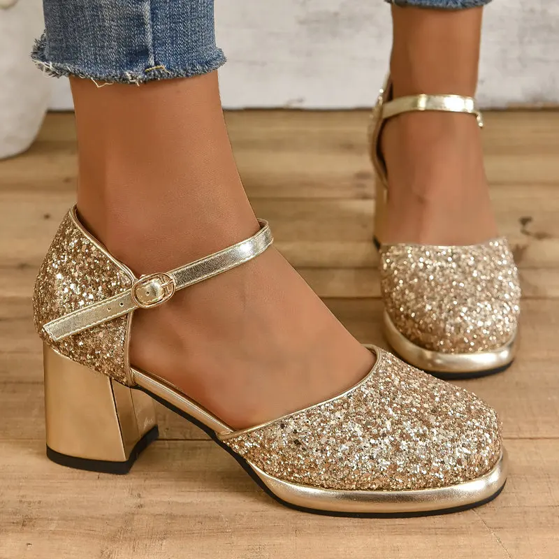 Golden Silver Glitter Bling Shiny Ladies Party Wedding Shoes Summer Mary Janes Square High Heels Big Size 46 47 48 Women Sandals