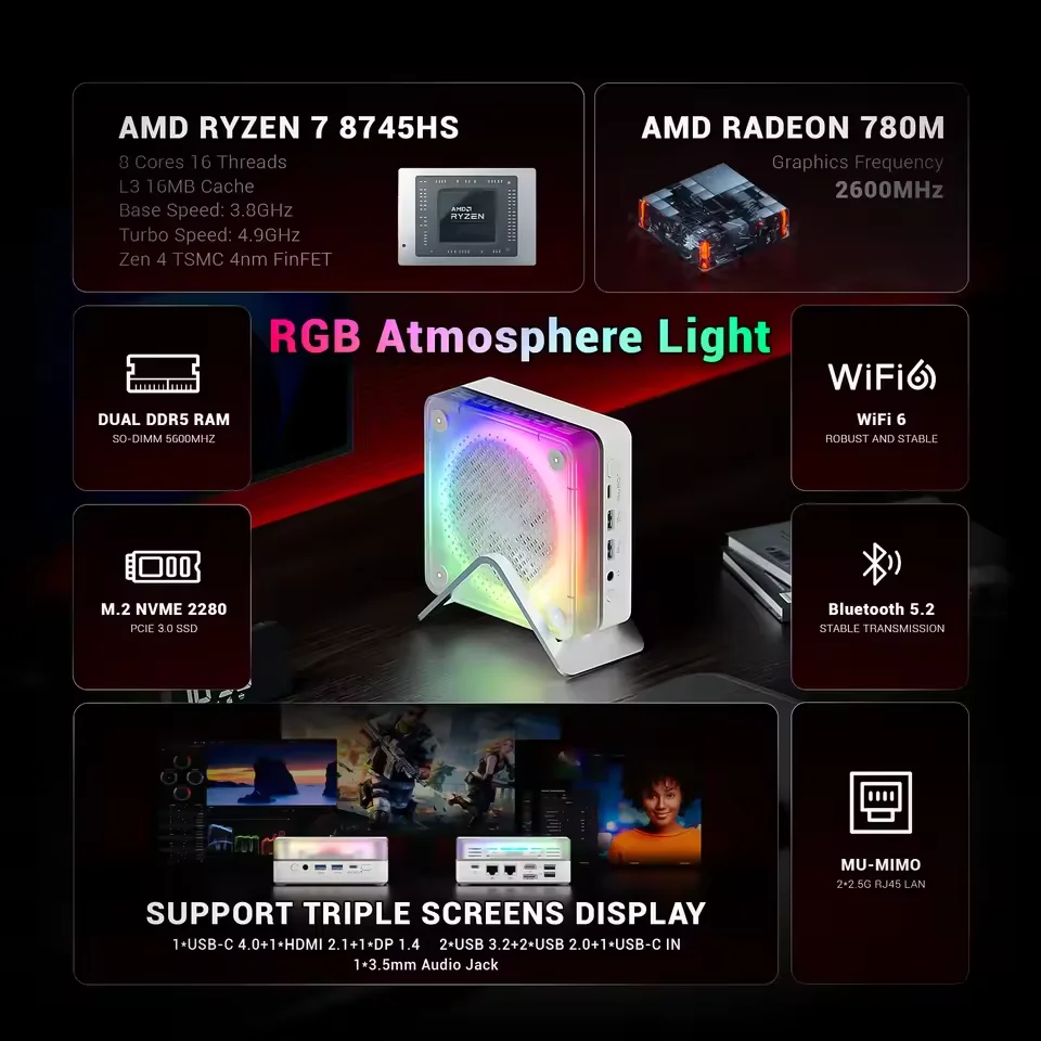 FIREBAT MN56 MINIPC AMD R7-8745HS كمبيوتر صغير 16 جيجابايت DDR5 512 جيجابايت SSD AMD Radeon 780 متر BT5.2 WIFI6 ألعاب ملونة كمبيوتر مكتبي