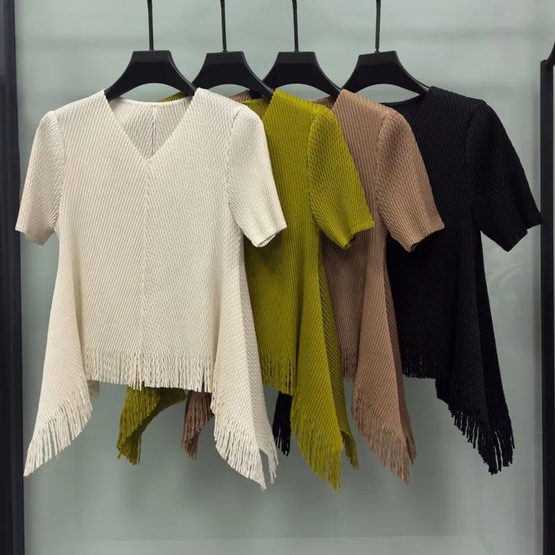 Miyake Pleated T-Shirt 2026 Elegant Draped Pleats Fringed Short Sleeve T-Shirt Summer Anti-Wrinkle High Elastic Loose Top Women