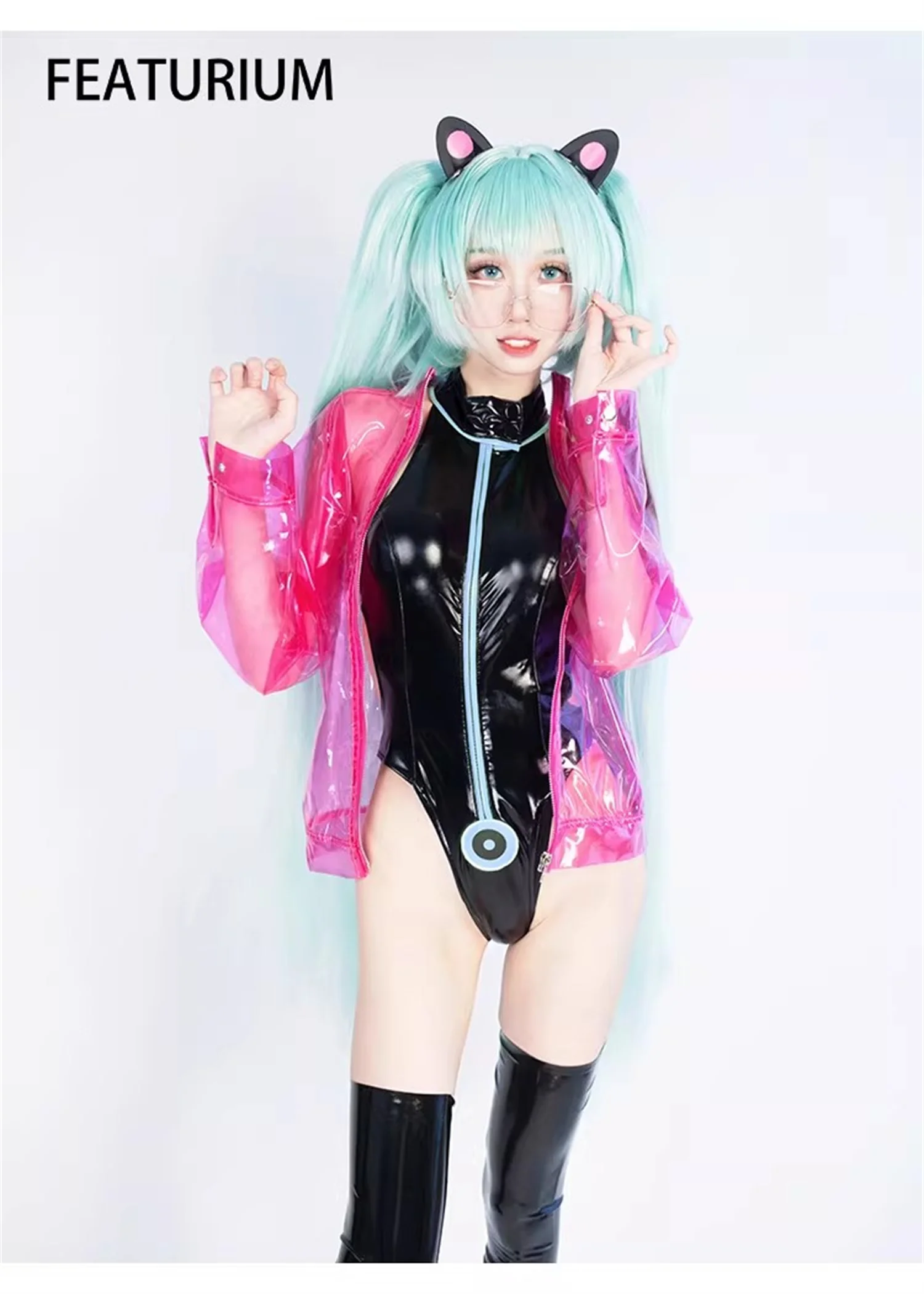 Women's Mock Neck Patent Leather Cosplay Bodysuit High Cut Backless One Piece Swimsuit With Pink Sheer Coat Socks 3 Piece Set