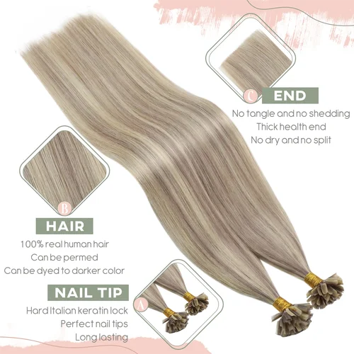 Imagen 2 del producto Ugeat-extensiones de cabello de queratina, cabello humano Remy Fushion, 14-22 "", 50 hebras por paquete, punta en U recta Natural, punta plana, cabello de Punta I