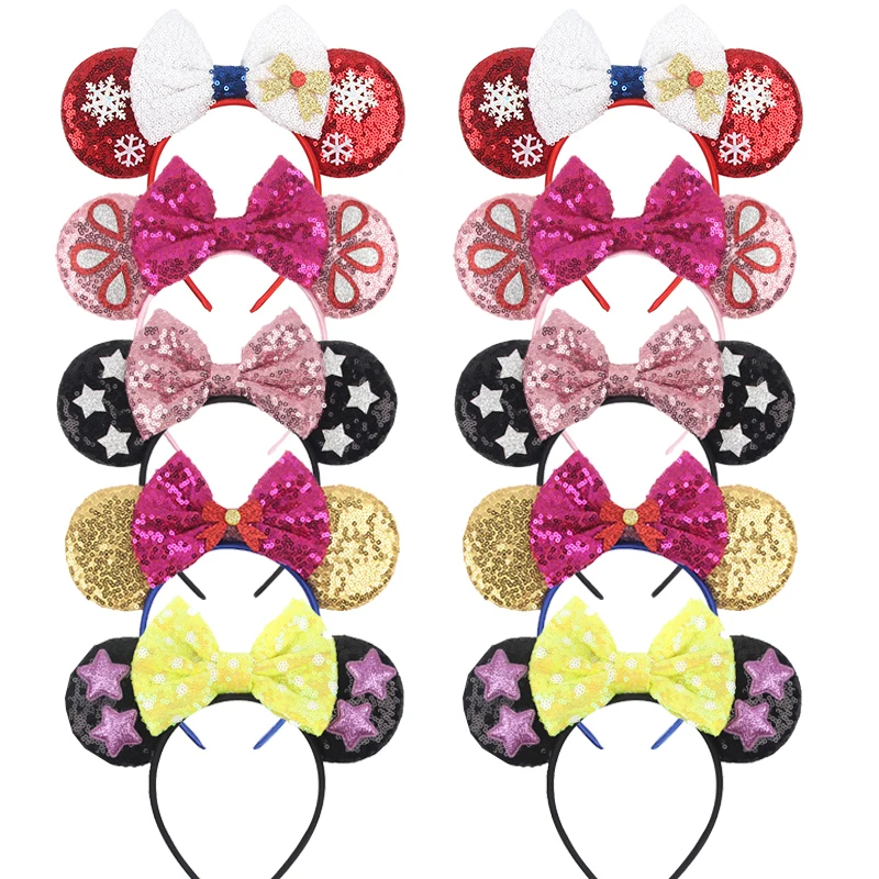 

10PCS/Lot Christmas Mouse Ears Headband Sequins 5‘’Bow Hairband For Girls Featival Party DIY Hair Accessories Women Gift