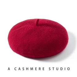 Autumn Winter Women Hat 100% Cashmere Berets Hats French Artist Style Warm Hat Retro Beret Solid Elegant Lady Knitted Headgears