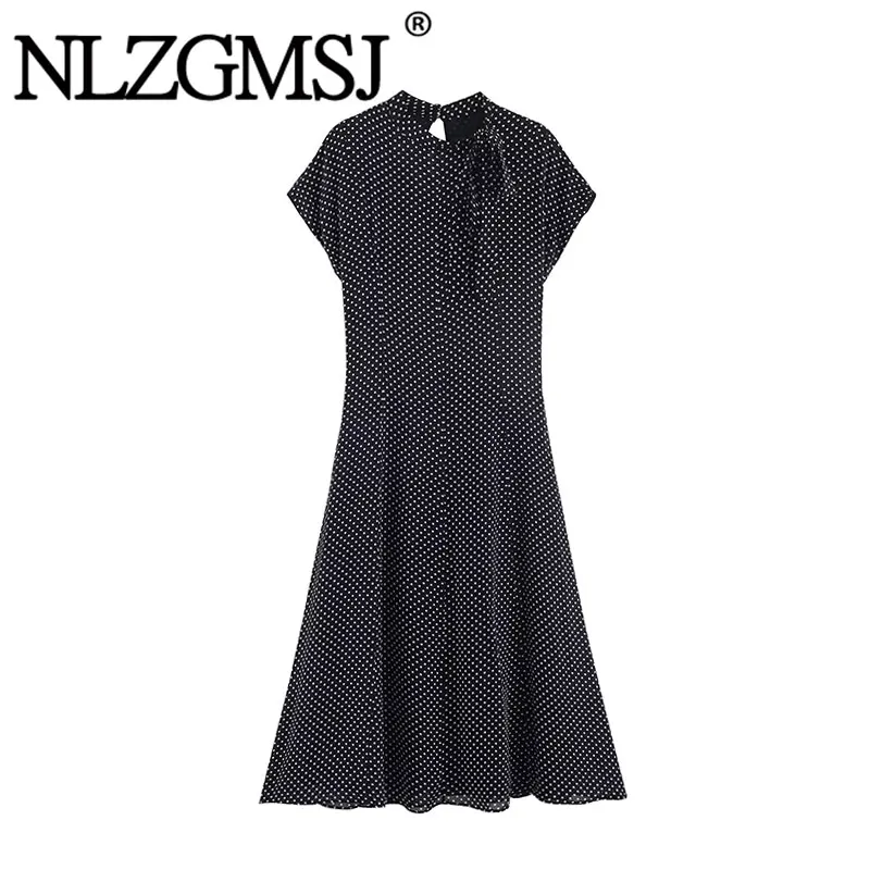 NLZGMSJ 2026 Spring Vintage Casual Chic Women Dress Dot Print O-Collar Bow Draped Midi Vestidos Fashion Summer Dress