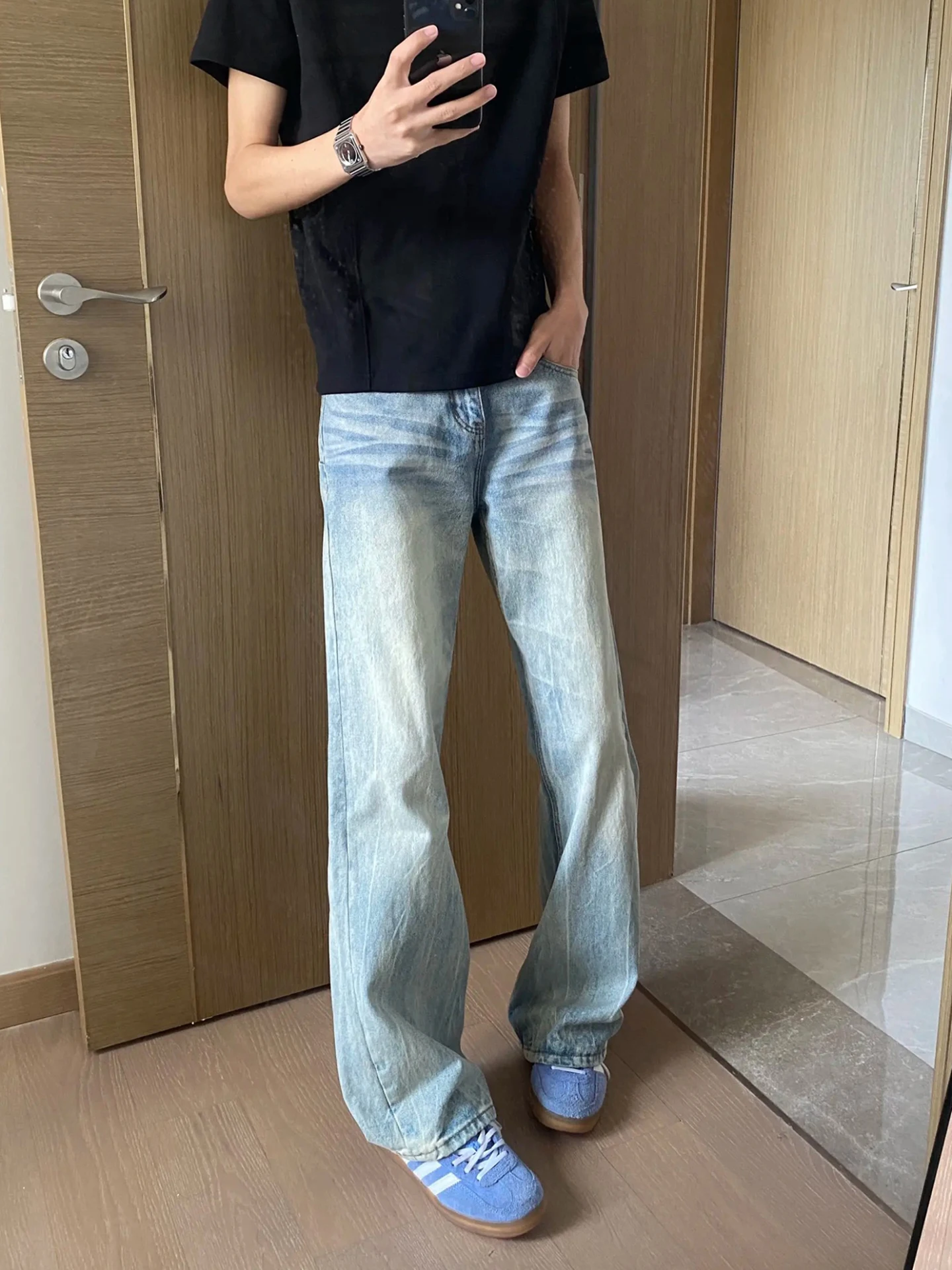 

Light Blue Jeans Men's Cleanfit American High Street Straight Leg Knife Denim Pants Vintage Wash Cotton Blend