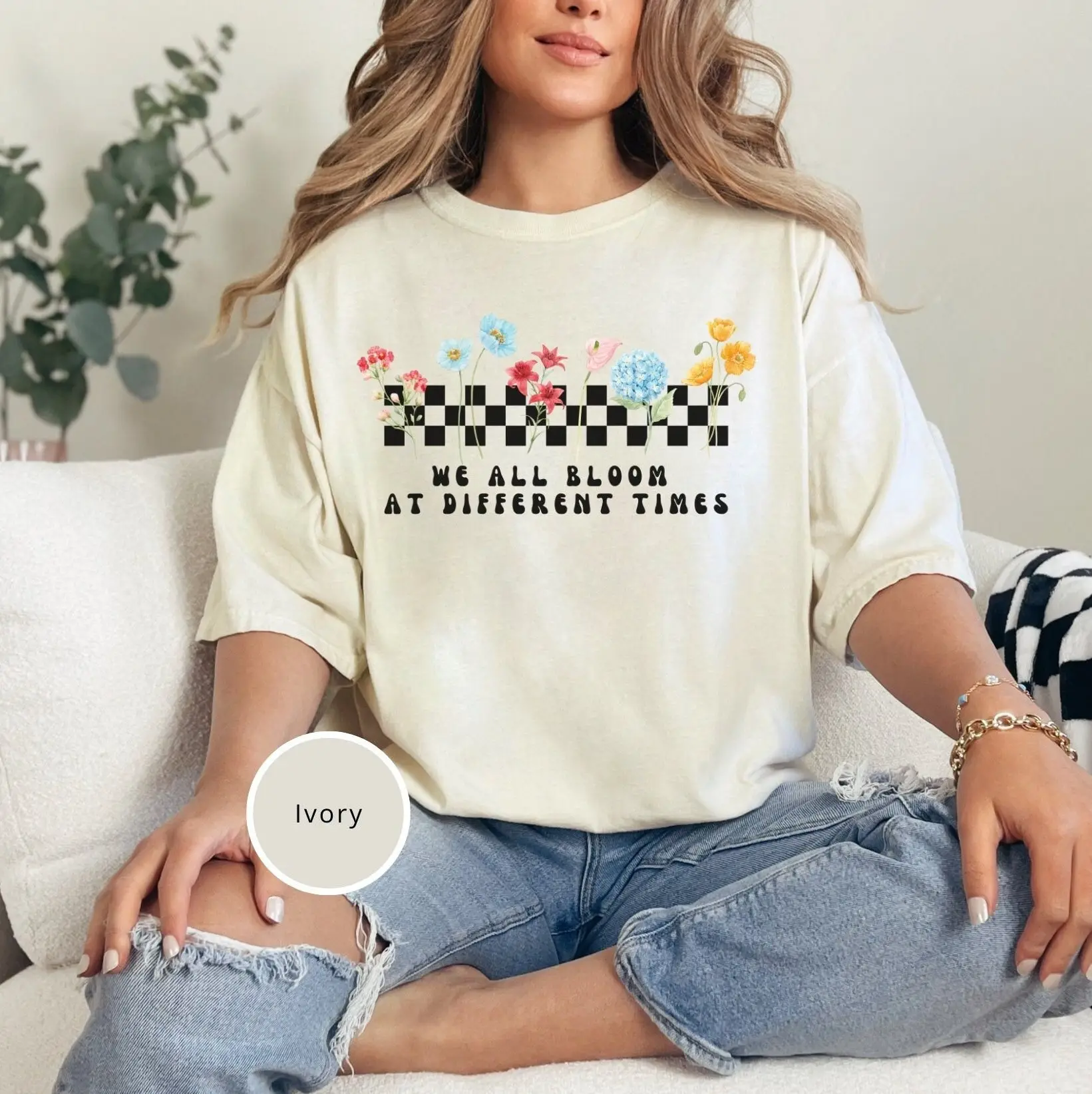 Comfort Colors Checkered Wildflower T Shirt Positivity for Teachers Therapist Counselor Special Ed Kindergarten Elementary