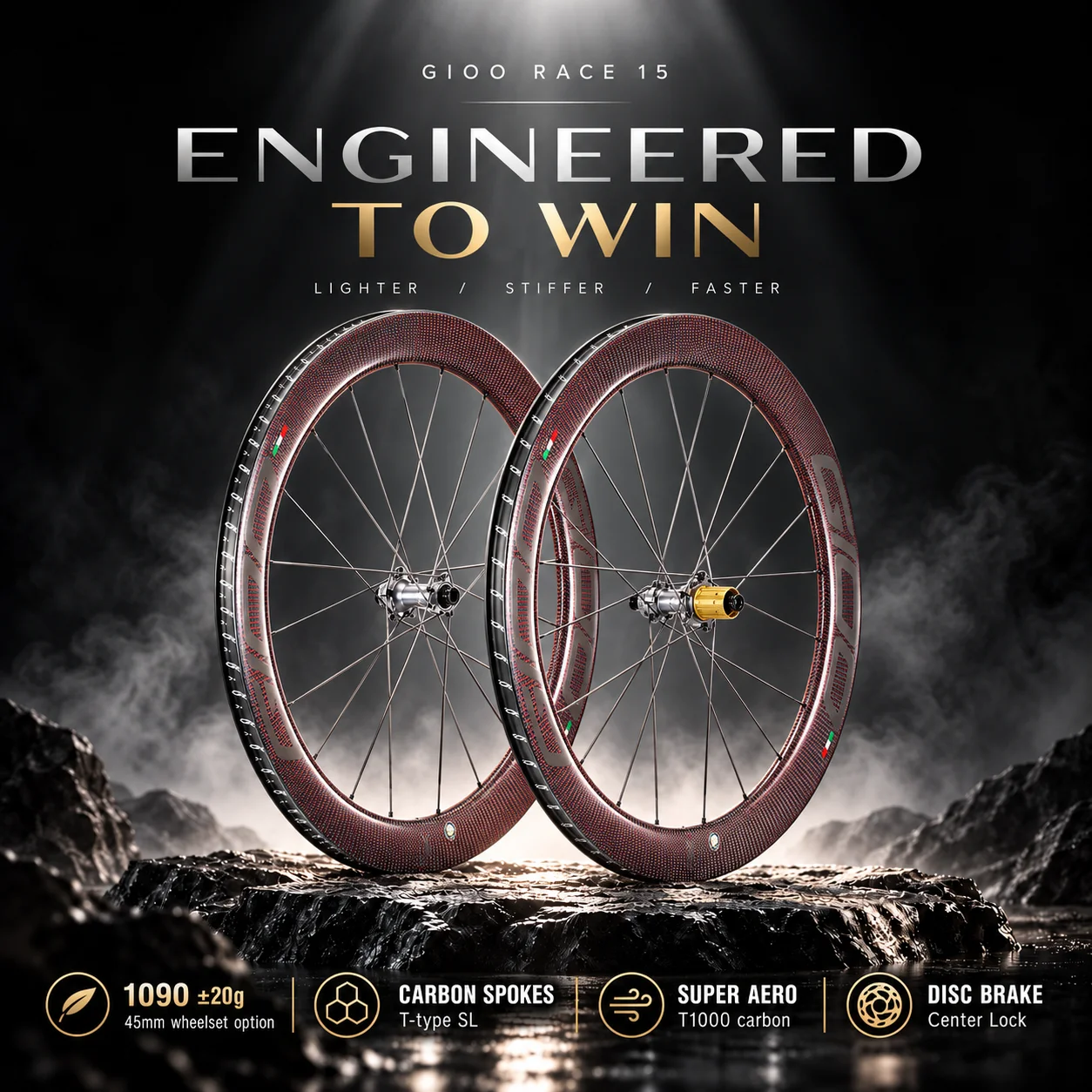 GIOO RACE 15 Carbon Wheelset T1000 Red 3K 45/58mm T-Type SL Carbon Spokes 36T Ratchet Center Lock HG/XDR Tubeless