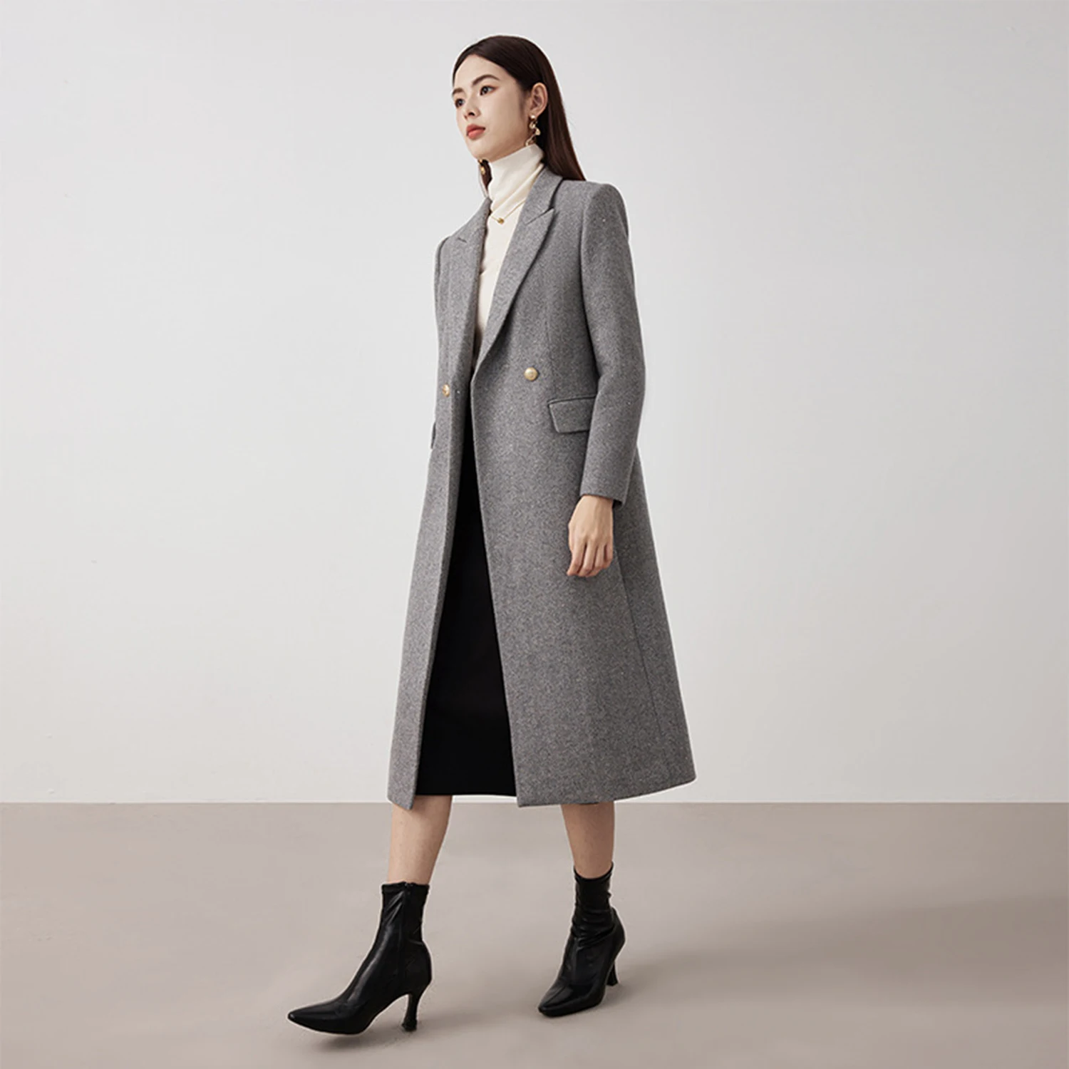 Allingentle Grey Women's Long Blazer Peak Lapel Jacket Double-Breasted Long Coat for Casual Office Customize