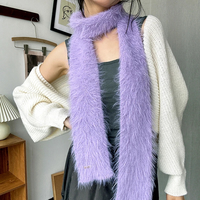 Korean Y2K Long Warm Mink Fur Scarf Plush Warm Knitted Shawl Fashion Imitation Skinny Scarves