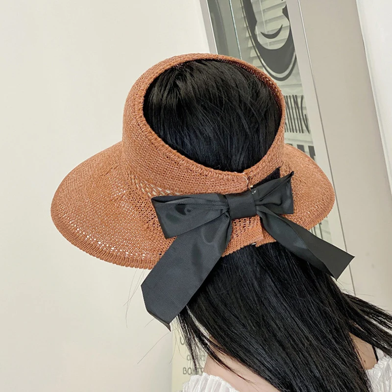 Women Summer Big Wide Brim Straw Hat Female UV Protect Ponytail Beach Sun Hats Hollow Top Foldable Ribbon Bows Ladies Panama Cap