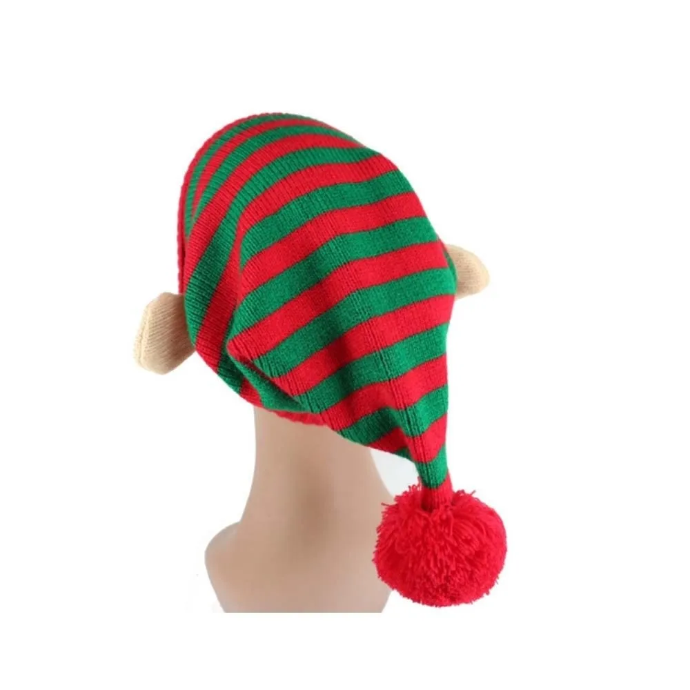 Xmas Costume Headpiece Knitted Christmas Beanie Warm Elastic Pointed Pom Bonnet Contrast Color Soft Elf Knit Hat Carnival