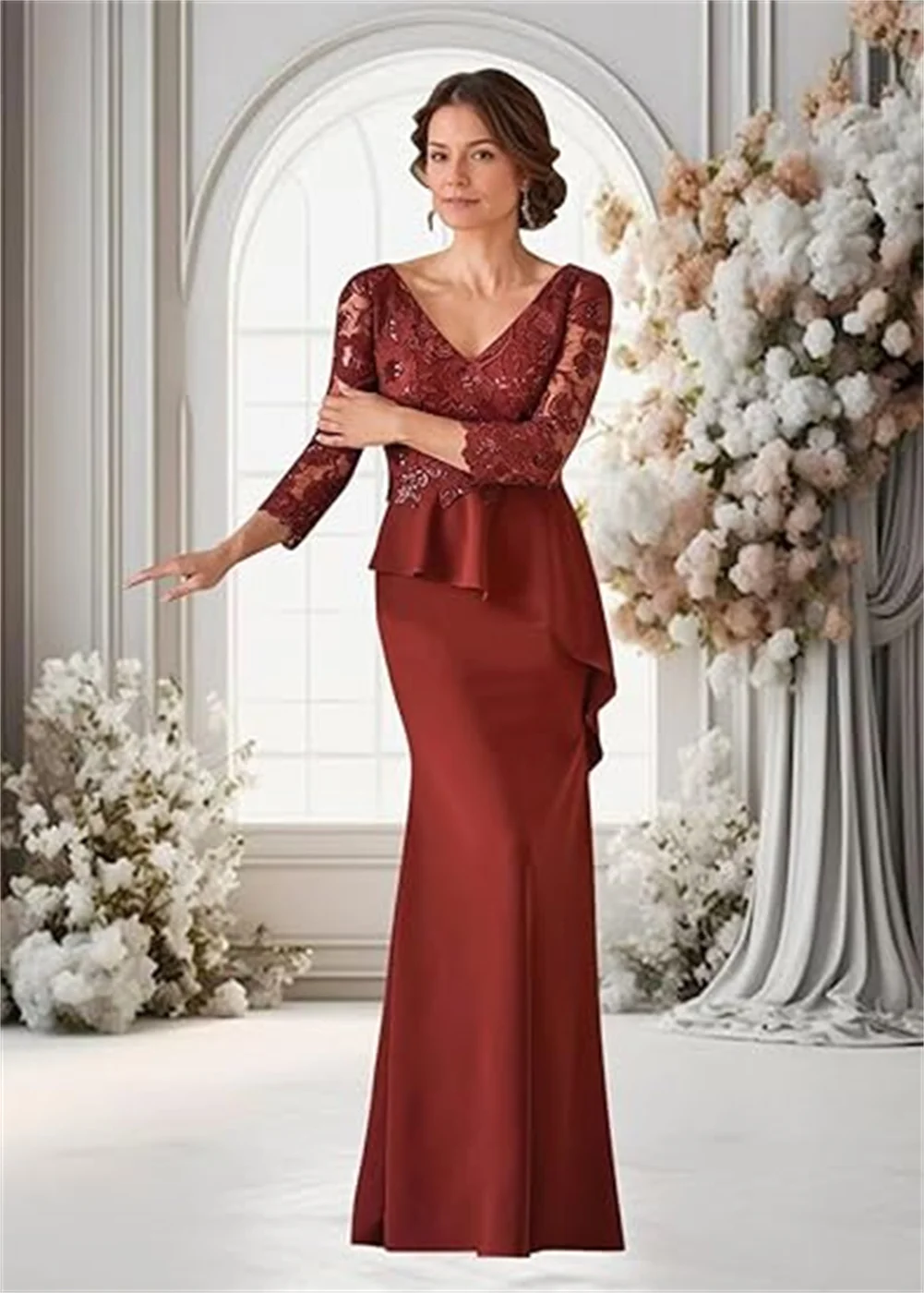 

Customized Laces Appliques Mother Of The Bride Dresses for Wedding Satin V Neck Long Evening Gown Mermaid Formal Dress For Women