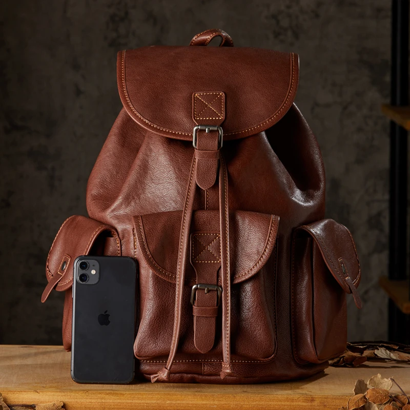 Mochila Retro de cuero genuino para hombre, bolso escolar de cuero de vaca, gran capacidad, para viaje al aire libre, oficina, negocios, para ordenador portátil