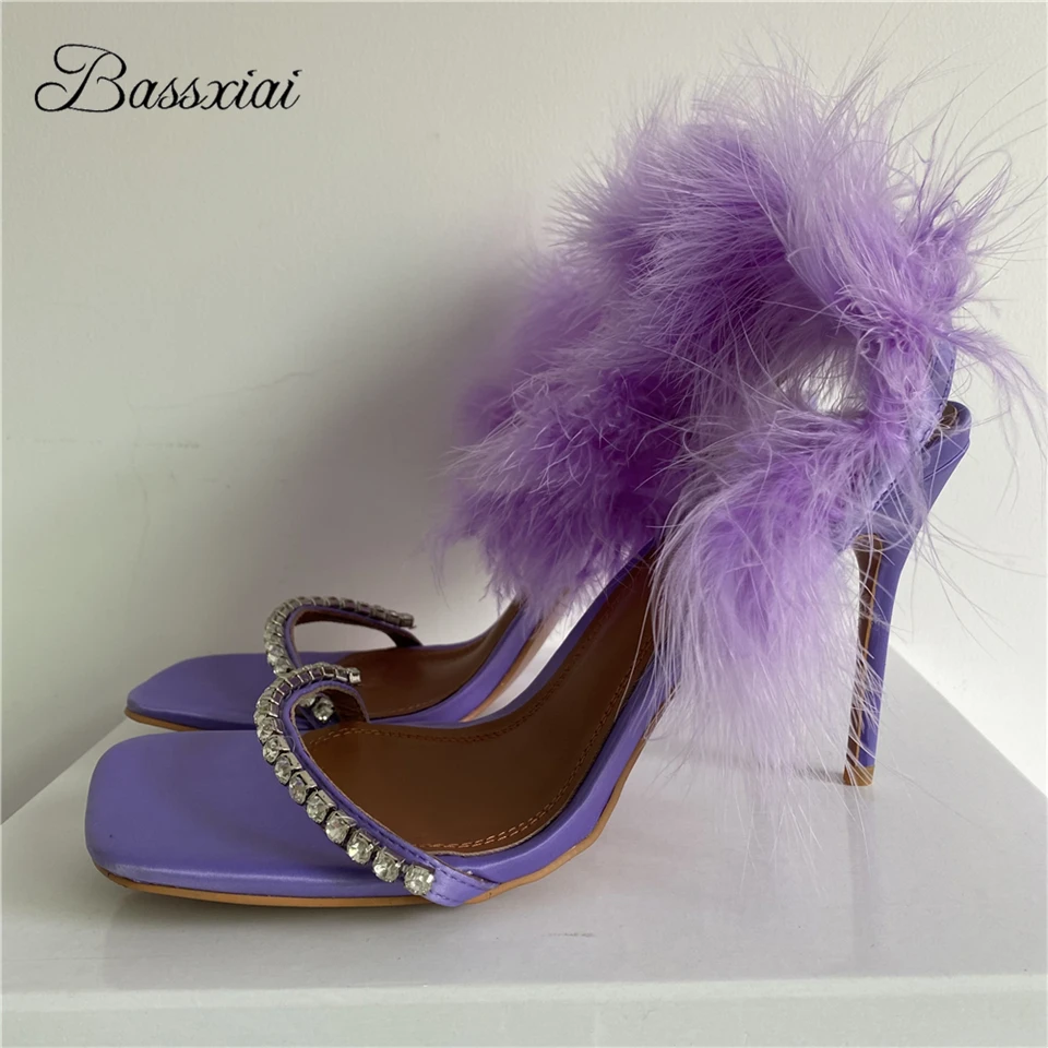 Scarpe da banchetto in piuma stile fata donna 10cm tacchi alti sottili quadrati Open Toe sandali estivi con strass ingioiellati da donna