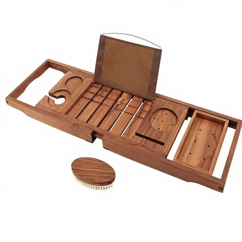 Premium Luxury 100 Percent Teak Bathroom Bath Tray Retractable Wooden Bath Tray