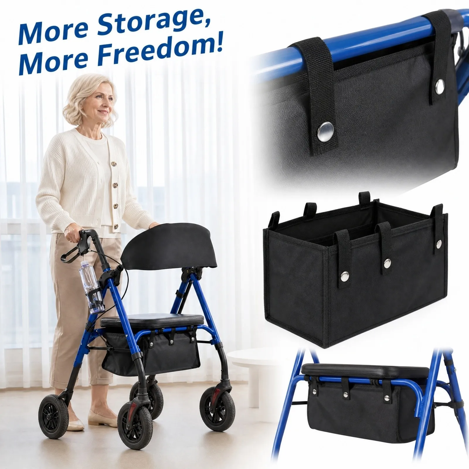 Large Capacity Under Walker Organizer Pouch Hanging Storage Tote Bag Portable Mobility Aid Accessory for Rollator Walker