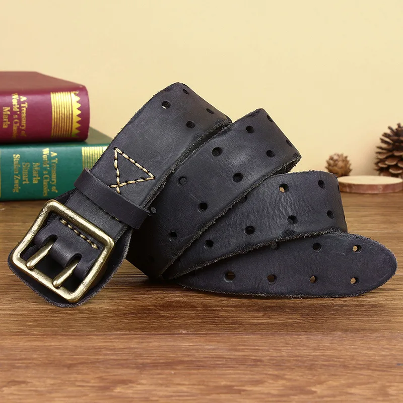 2024 Men 2 Pin Buckle Top Real Full Grain Genuine Leather Belt 38 mm Double Needle Casual Jeans Belt