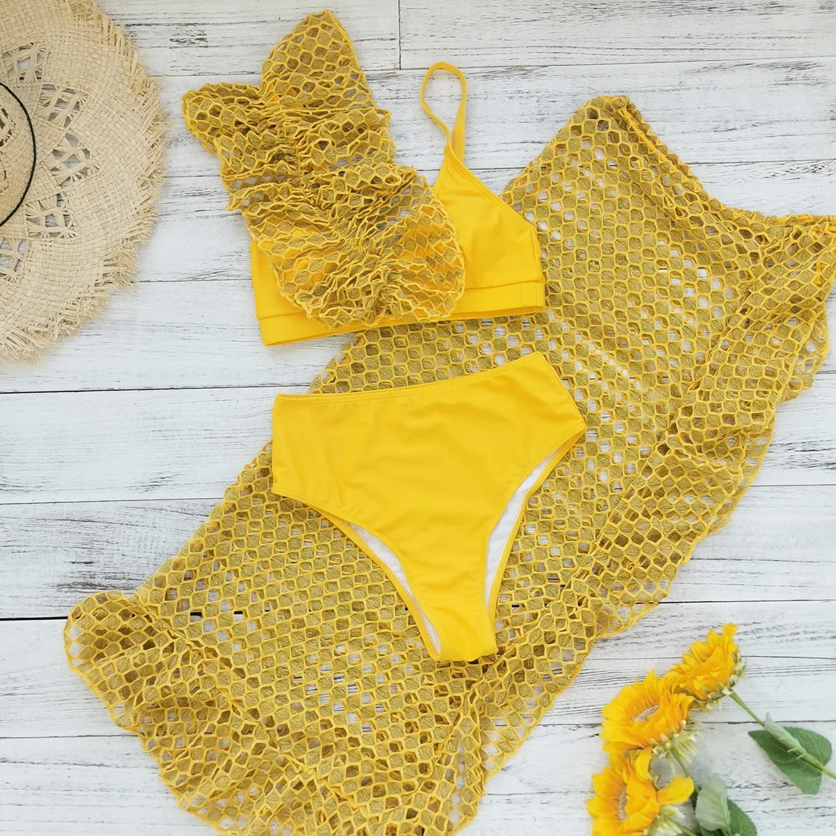 Gonna vintage in rete gialla Set bikini a 3 pezzi Costume da bagno donna con volant push up a vita alta 2025 Costume da bagno da spiaggia Costumi da bagno per le vacanze