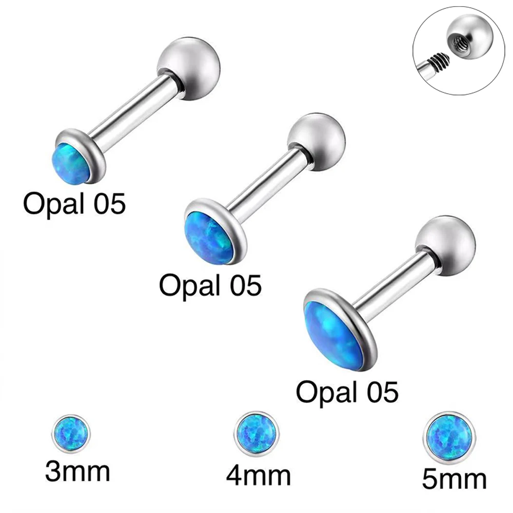 1PC Stainless Steel Ear Piercing Stud Earrings Barbell With Round Opal Lip Nail Helix Nose Stud Cartilage Perforated Body Jewelr