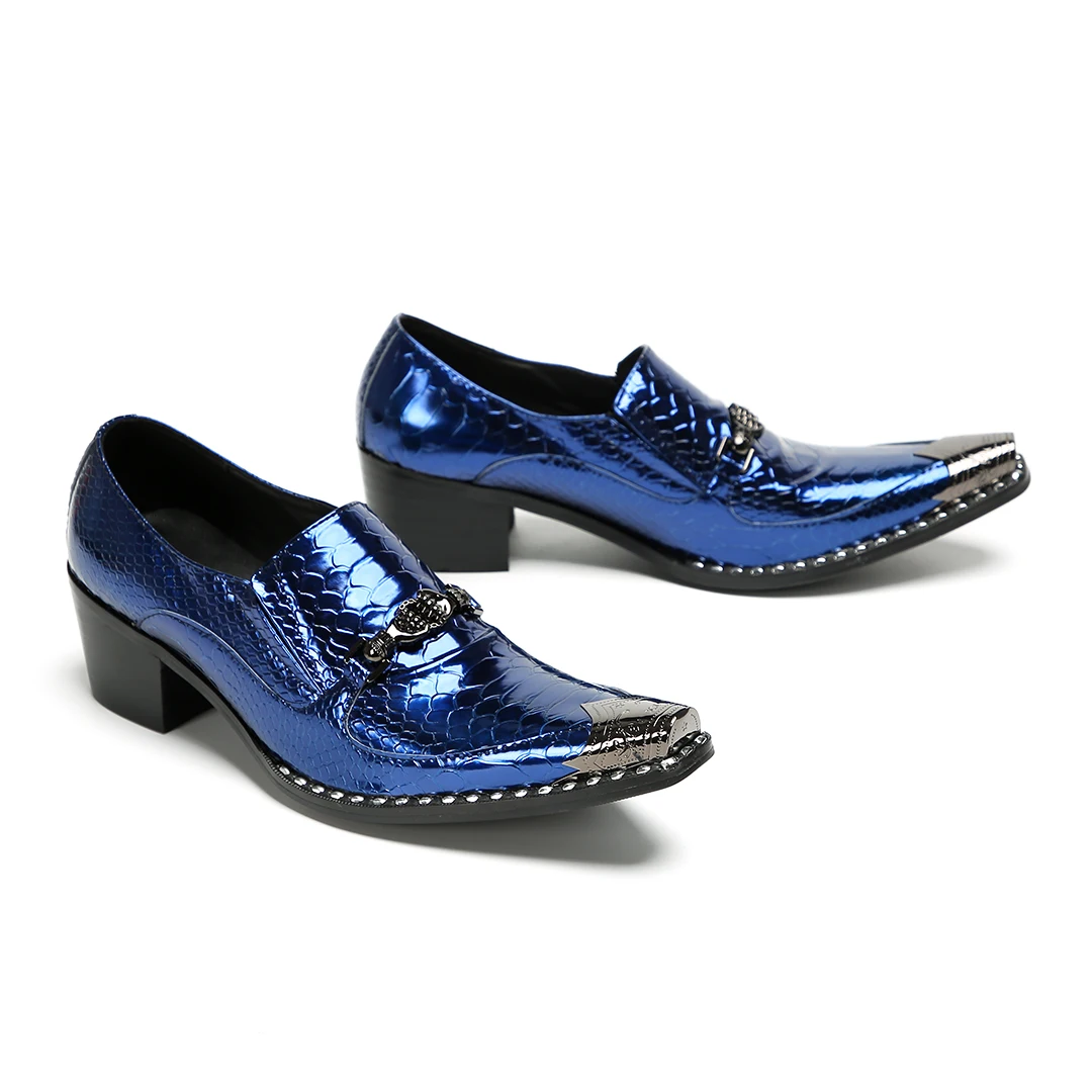

Royal Blue Snake Pattern Shiny Leather Men Shoes Plus Size Mid Heel Elegant Male Wedding Formal Dress Shoes
