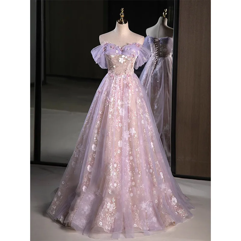 3D Applique Evening Dress Elegant Off Shoulder Formal Banquet Dresses Floor-Length Princess Fluffy Dresses Birthday Party Gown