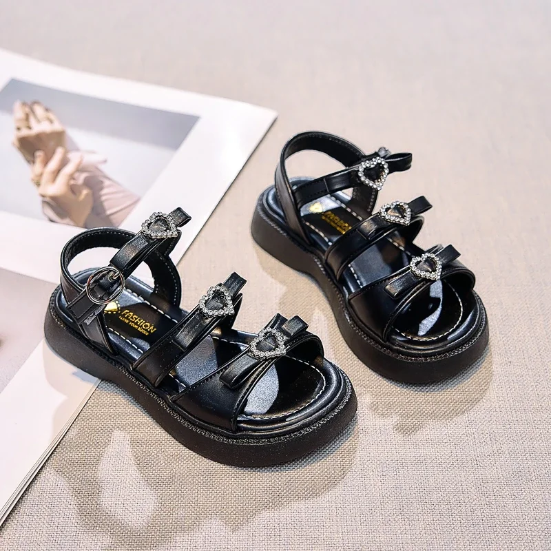 Girls Princess Shoes Open Toes Elegant Children Sandals Crystal Love Heart Chic 2025 Summer New Kids Beach Shoes Sweet Non-slip