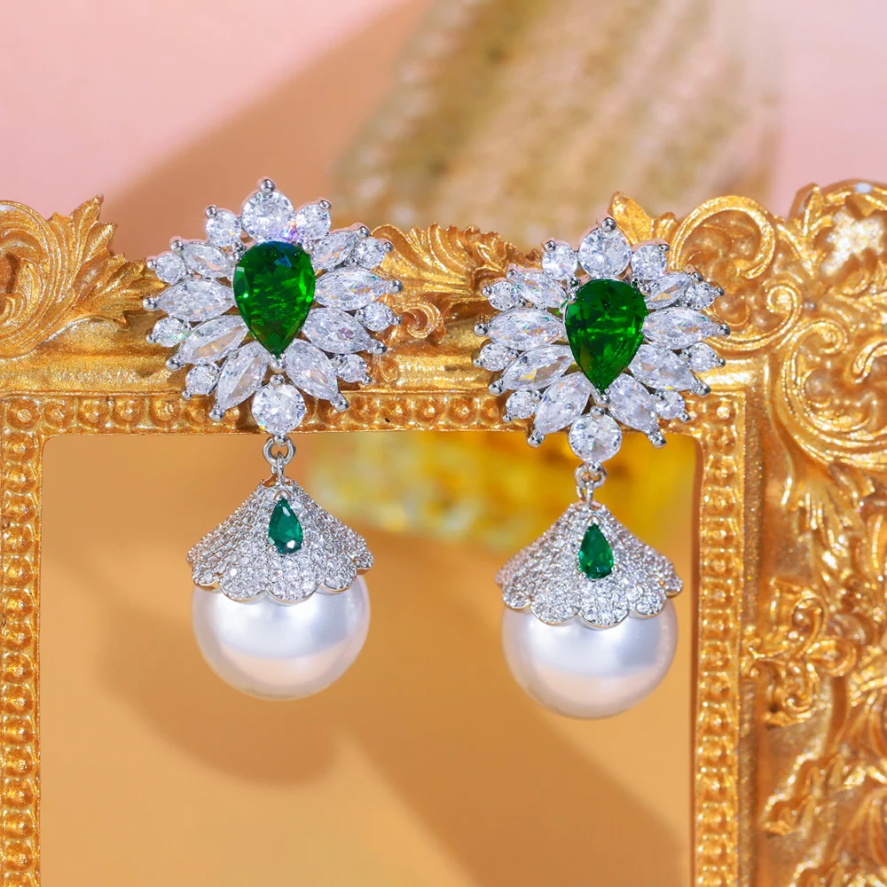 

ThreeGraces Luxury Shiny Green Zircon Big Simulated Pearl Long Wedding Bridal Earrings for Women Vintage Party Jewelry E1921