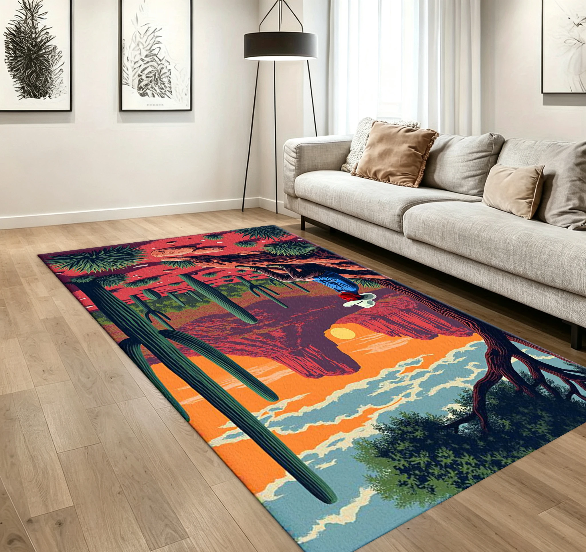 Western Desert Cowboy Carpet Flooring Retro Desert Scenery Printed Floor Rug for Living Room Household Interior Decoration