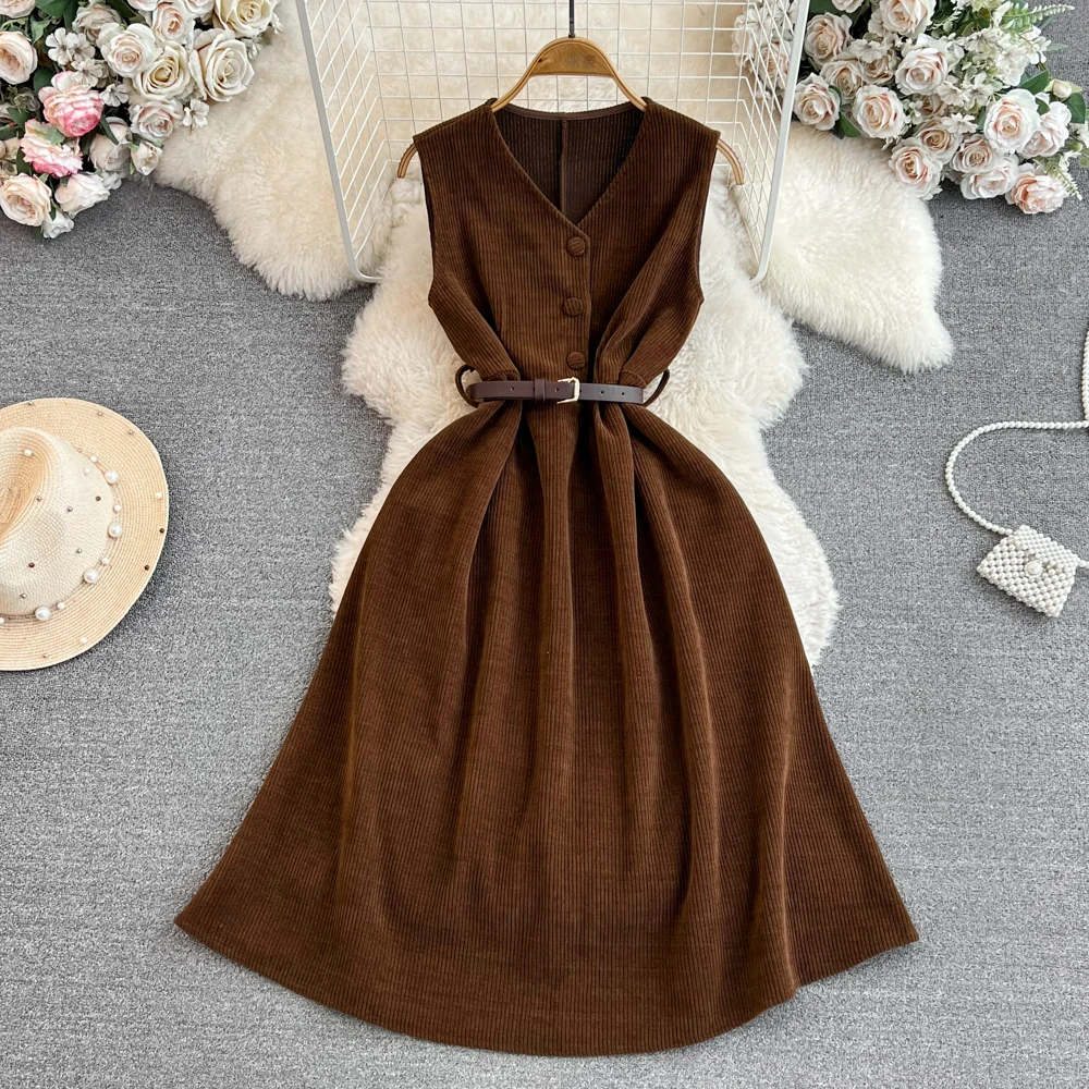 V-neck Strap Dress Women's 2024 Autumn / Winter Korean Sytle Sweet Mid Length Vest Dress Waist Slim Corduroy A-line Belt Dress