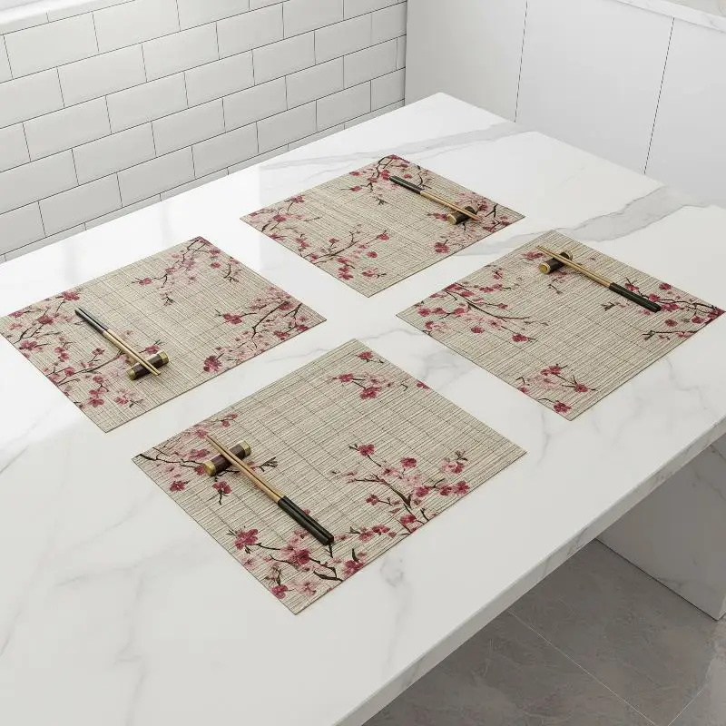 1pcs Japanese-Inspired Blossoms & Bamboo Placemats | Square Linen Table Mats