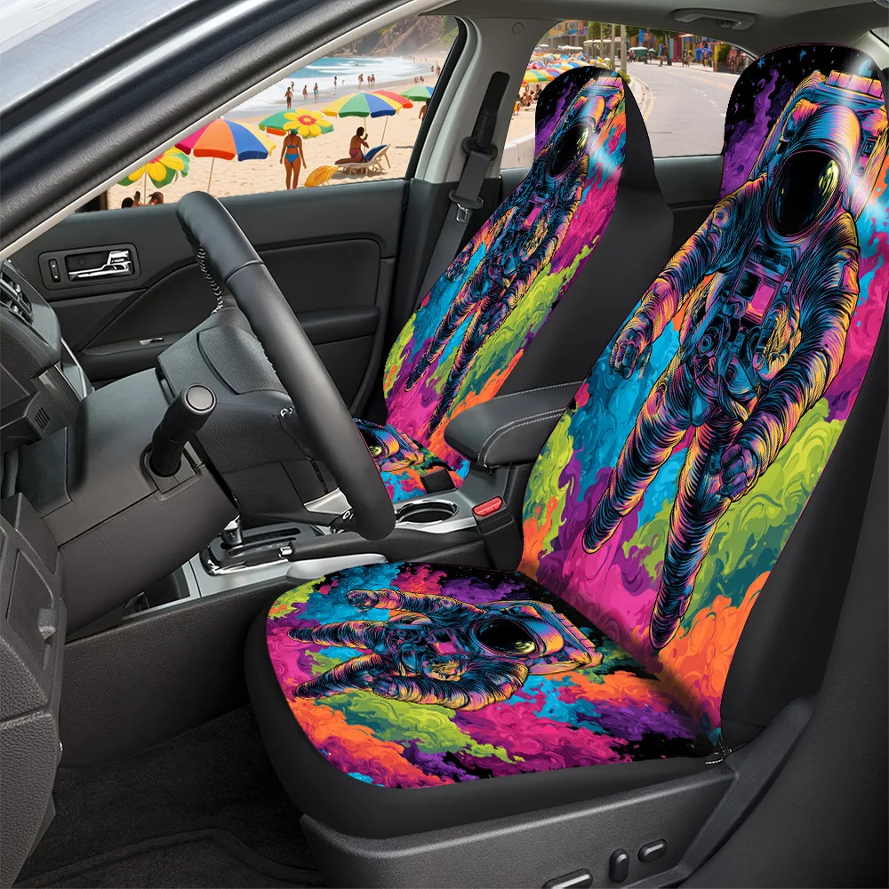 2-5 Seat Set Car Seat Covers Striking Astronaut Colorful Smoke Print Heavy-Duty Polyester Universal Fit For All Truck SUV Off-Ro