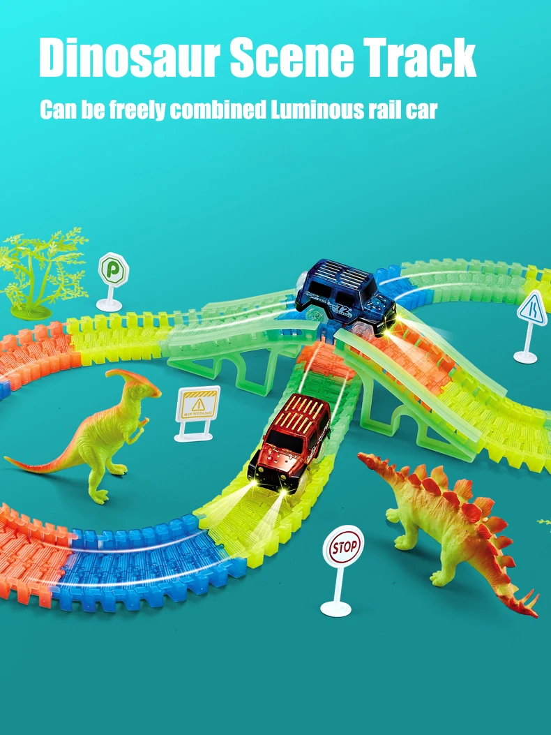 Leuchtende Dinosaurier bahn Montage kleines Auto emittieren Licht Bergstraße Schiene Kinder Puzzle verspielte Spielzeug Jungen Weihnachten Geburtstags geschenk