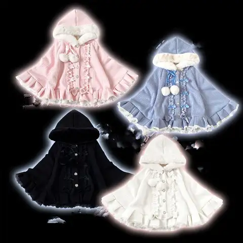 Capispalla giapponese Viange Abbigliamento Caldo fiocco con volant Poncho con cappuccio Stile Lolita Dolce mantelle Kawaii Cappotto Donna Autunno Inverno