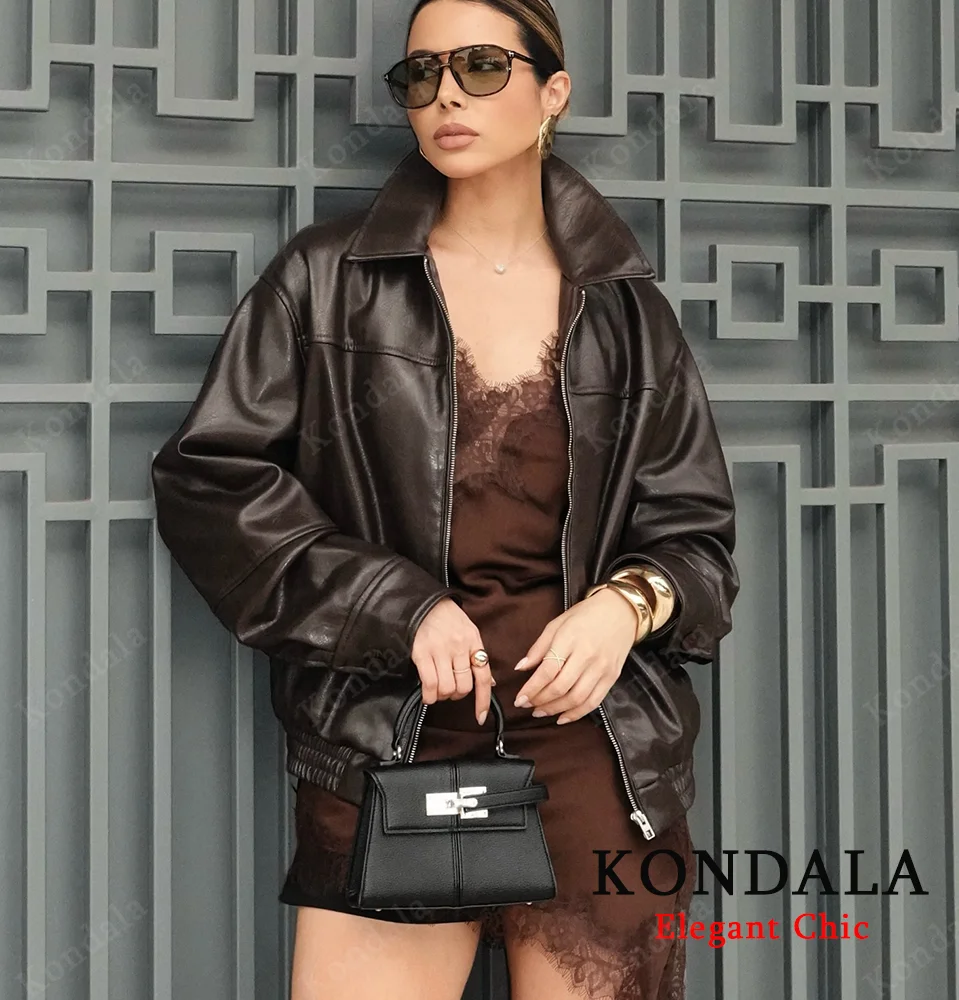 

KONDALA женская повседневная кожаная куртка на молнии, коричневая свободная куртка из искусственной кожи с лацканами, осень 2021, модные уличные крутые куртки