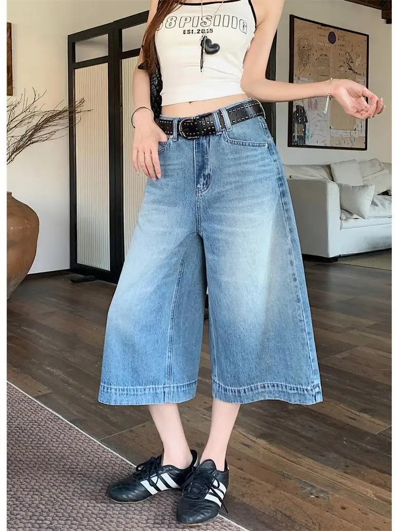 Calça Jeans Feminina Retrô Americana Lavada Seven-Five, Nova Coleção de Verão, Cintura Alta, Perna Reta Solta, Versátil, Calç...