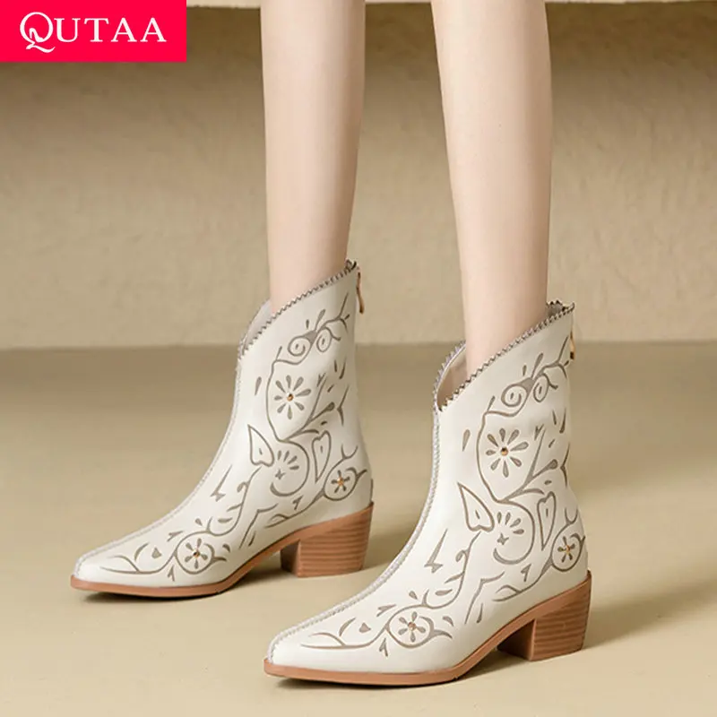 

QUTAA 2025 News Sexy Women Ankle Boots Genuine Leather Chunky heel Autumn Winter Boots Pointed toe Low Heels Shoes Size 34-39