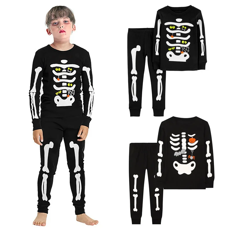 Halloween Luminous Skull Pattern Kids Nightwear 2pcs Joy Pajama Long Sleeve Toddler Boys Girls T Shirt Pants Children Pijama Set