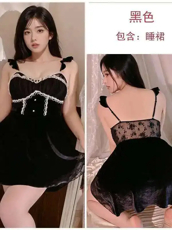 เซ็กซี่หรูหราชุดนอนมุมมองหน้าอกเบาะกํามะหยี่อบอุ่น Sleeping เย็บปักถักร้อยลูกไม้ผู้หญิงชุดปิดไหล่ BK9K