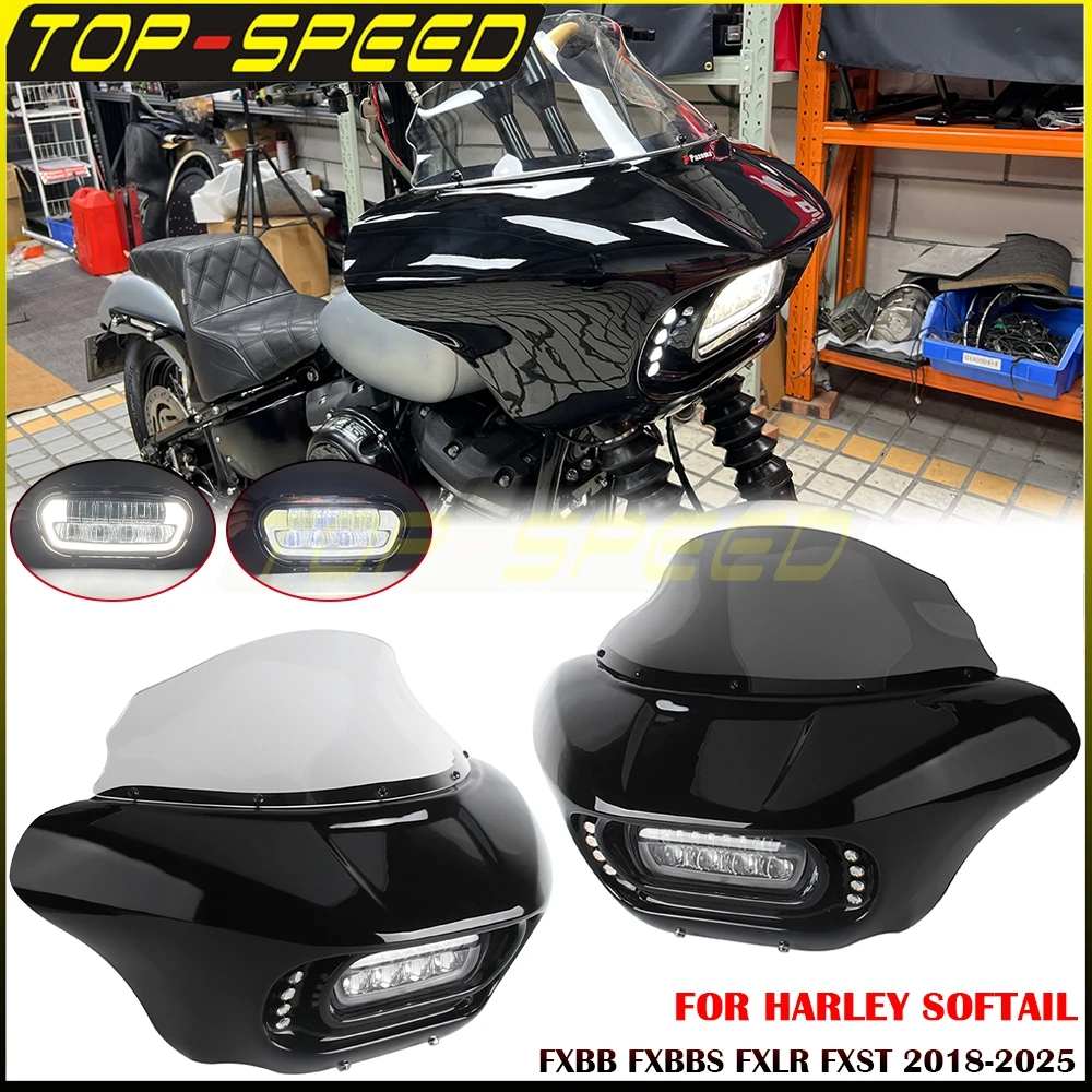 

Motorcycle Windshield Fairing Headlight Cowl W/DRL Running Turn Signal LED Light For Harley Softail FXBB FXBBS FXLR FXST 2018-25