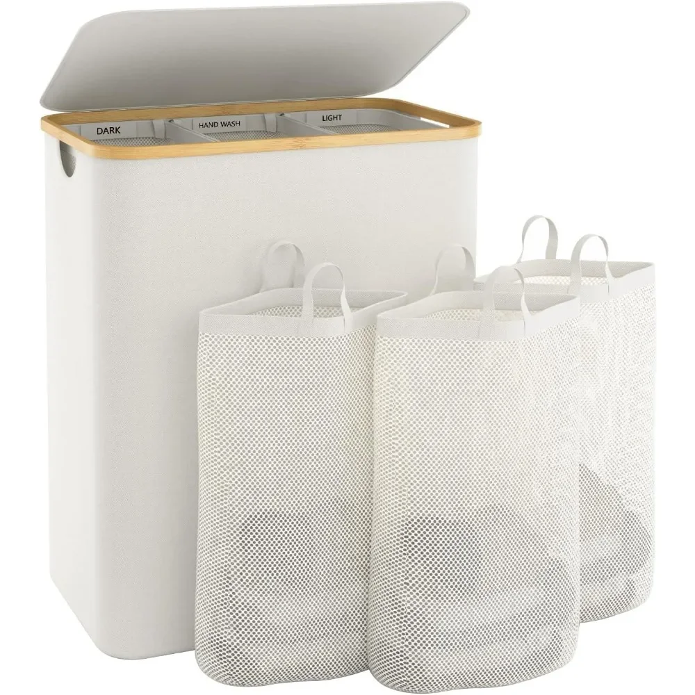 

Extra Large 3 Section Dirty Clothes Laundry Basket with Lid, Dirty Clothes Hampers with Removable Bags for Bedroom and Laundry