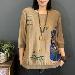 Artistic Retro Mid Sleeve Casual Knitted Sweater for Women in Spring and Autumn Style Ethnic Style Oversized Loose Base Shirt