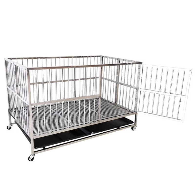 High-quality foldable heavy-duty stainless steel eco-friendly dog cage with plastic tray,with wheels, suitable for large dogs