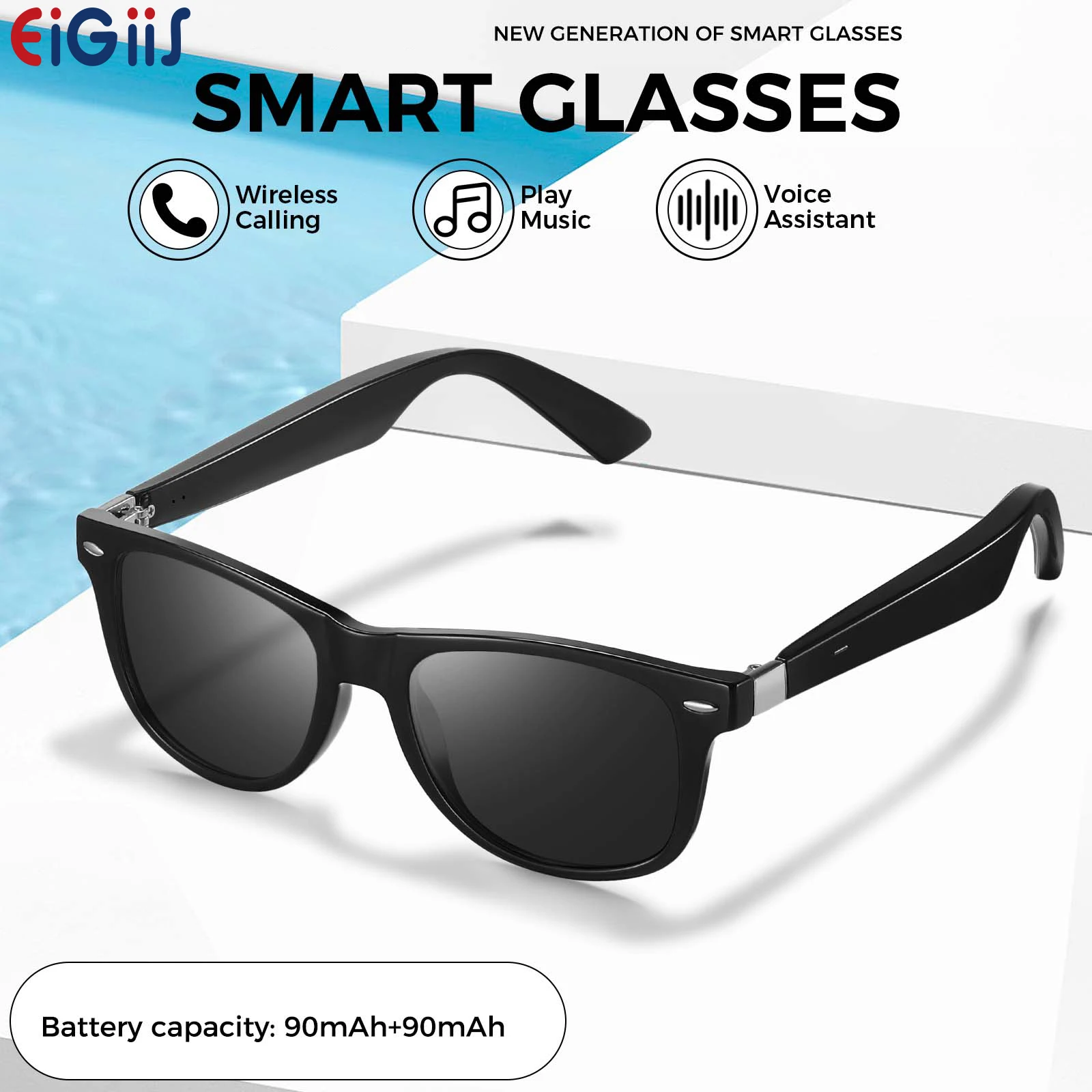 

EIGIIS 2025 New Smart Glasses Bluetooth Call Sunglasses Built-in Mic & Speakers Voice Assistant UV Protection Audio Smart Glass