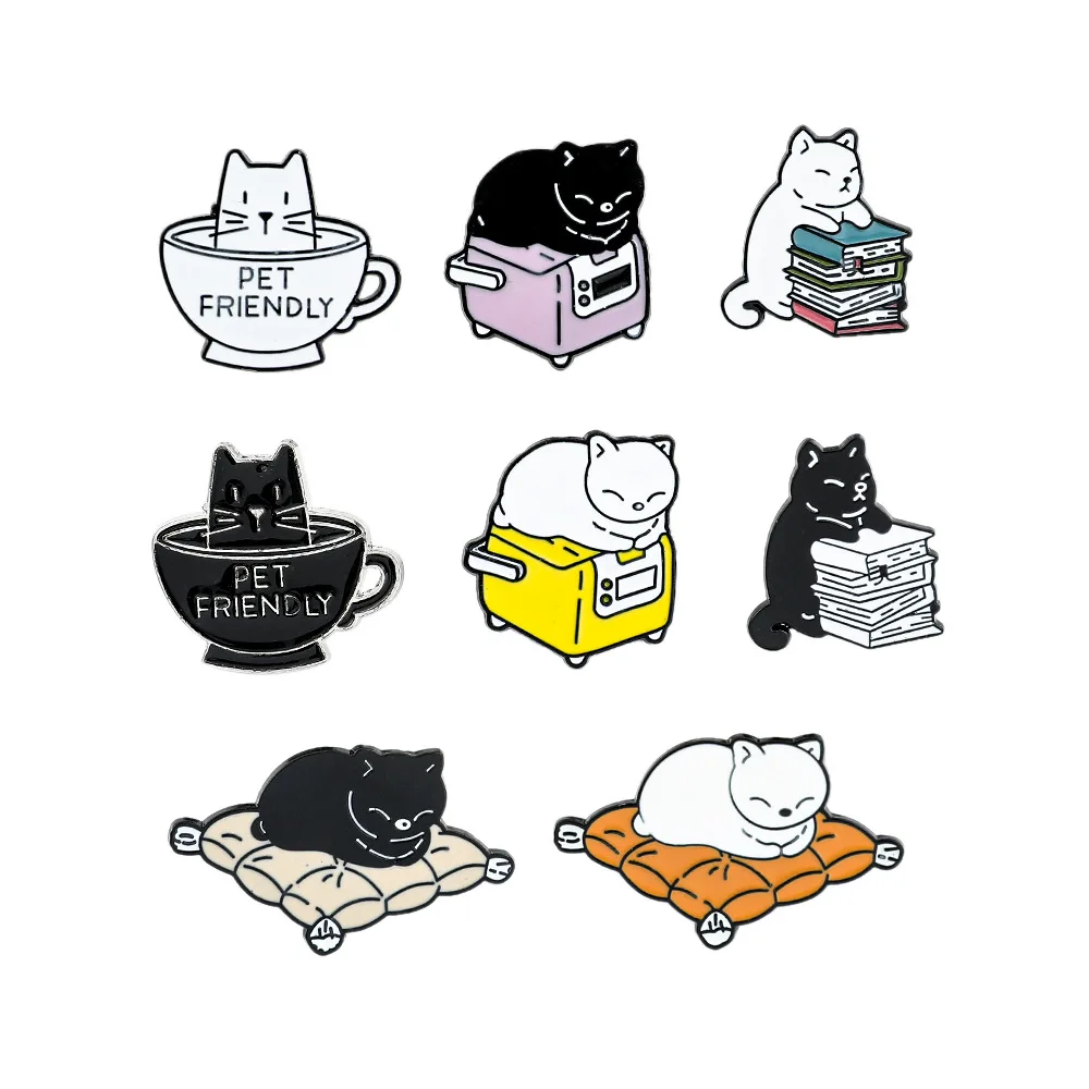 

1 Set Cute Cartoon Cat Brooch Cute Cat Reading Drinking Coffee Silly Cat Metal Badge Alloy Drip Oil Accessories Fashion Anime