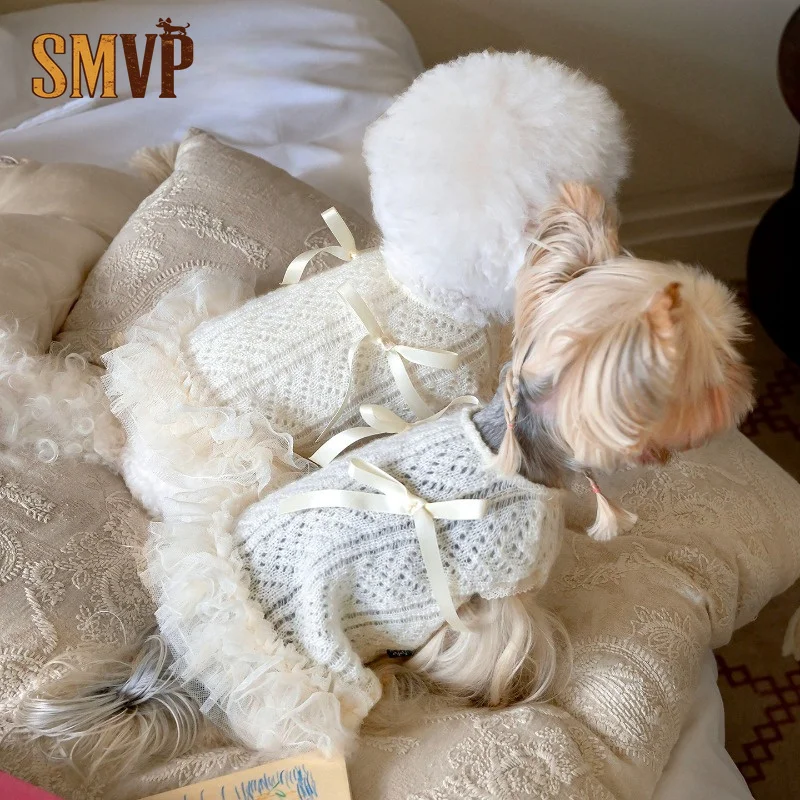 white-hollow-knit-pet-sweater-dress-satin-bow-decor-ruffle-tulle-ballet-dress-warm-spring-autumn-daily-outfit-for-small-pets