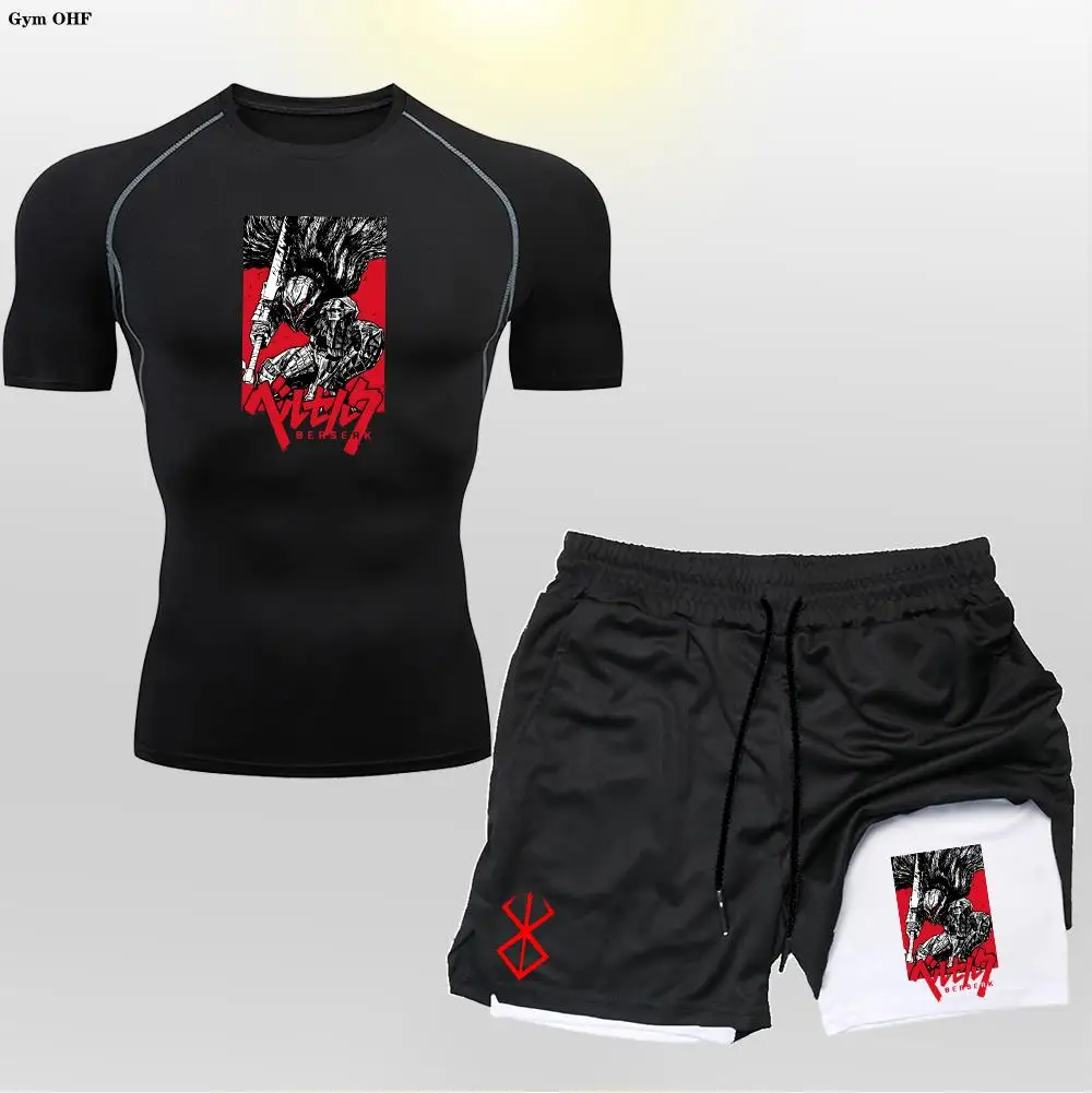 

Anime Compression Shirt Shorts Men Sets Gym Running Shirts For Sportswear Rashguard 2 In 1 Double-Deck T