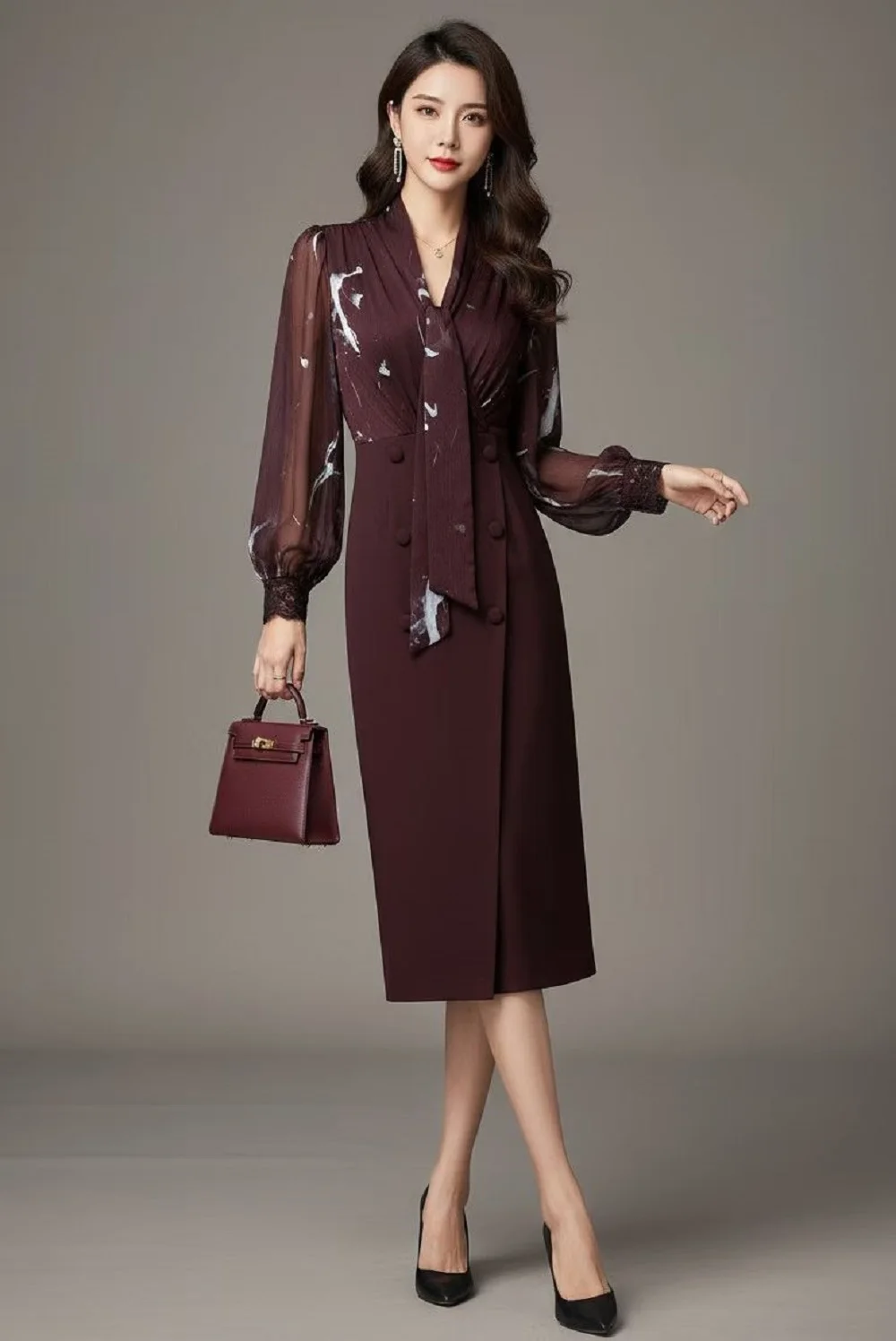 

Платье-футляр XXL, весна-лето 2026, для коктейльных вечеринок, женское, с воротником-бантом, в стиле колор-блок, с длинным рукавом, до середины икры, приталенное