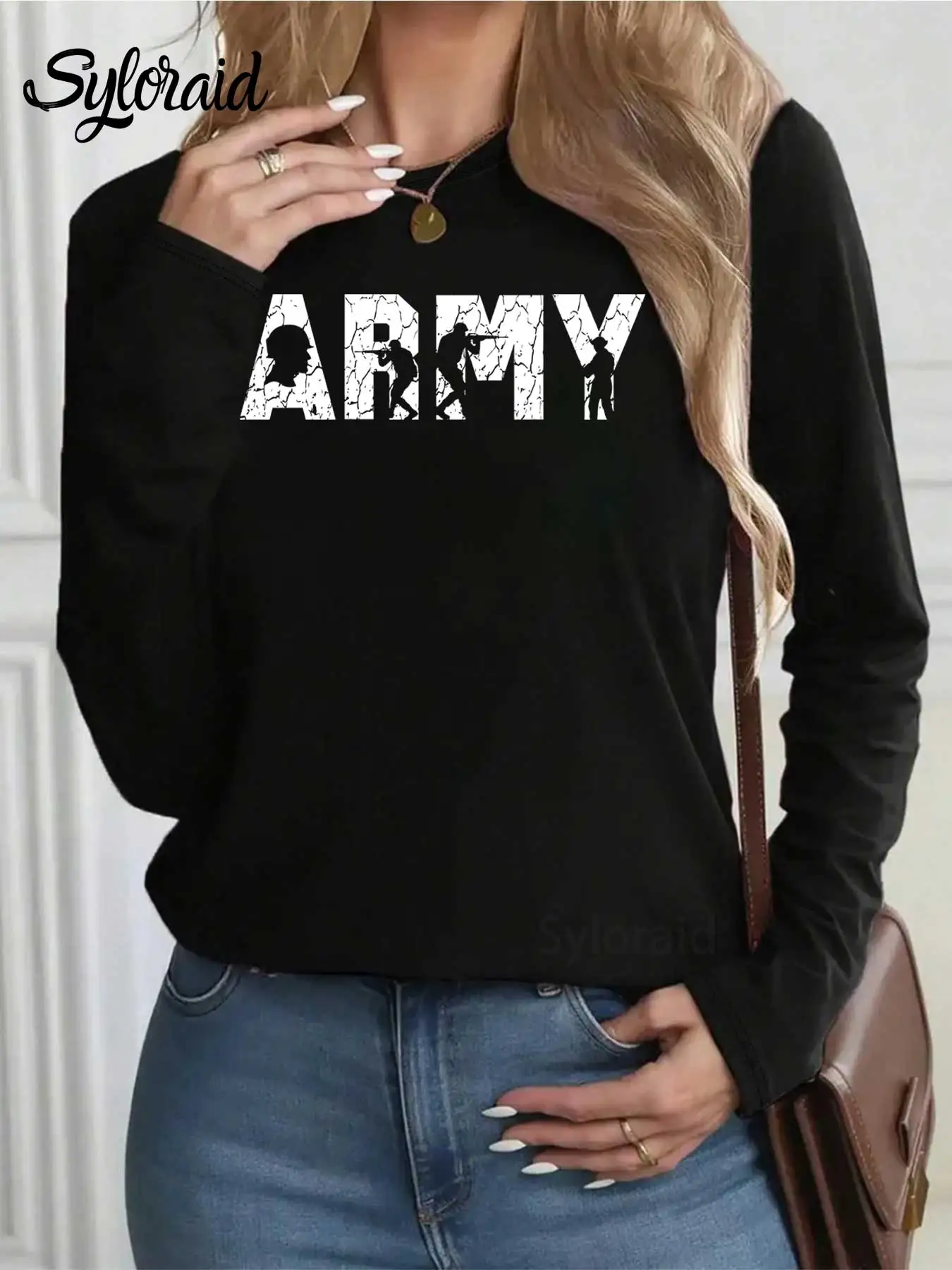 レディース長袖Tシャツ プライドアーミーグラフィックTシャツ 米軍シャツ ファッションラウンドネックカジュアルトップ