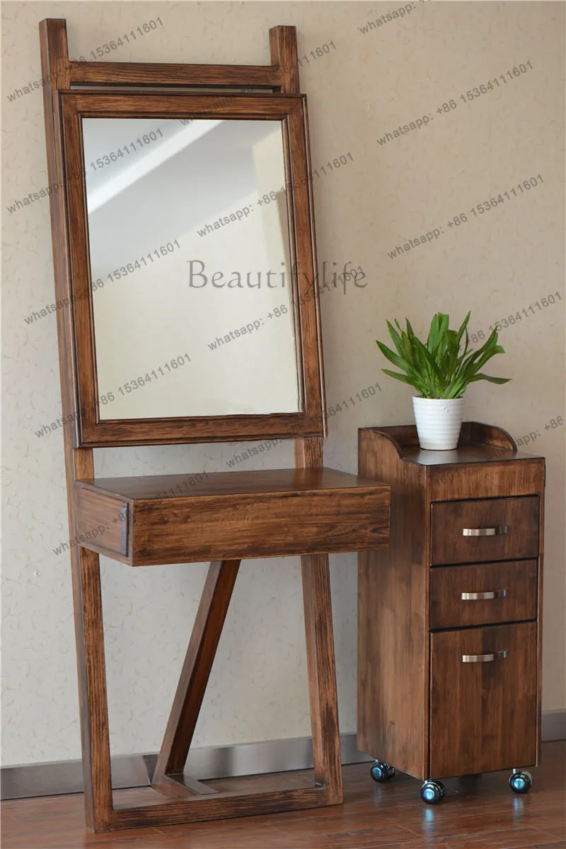 Retro hair salon mirror table barber shop solid wood high-end hair single-sided floor