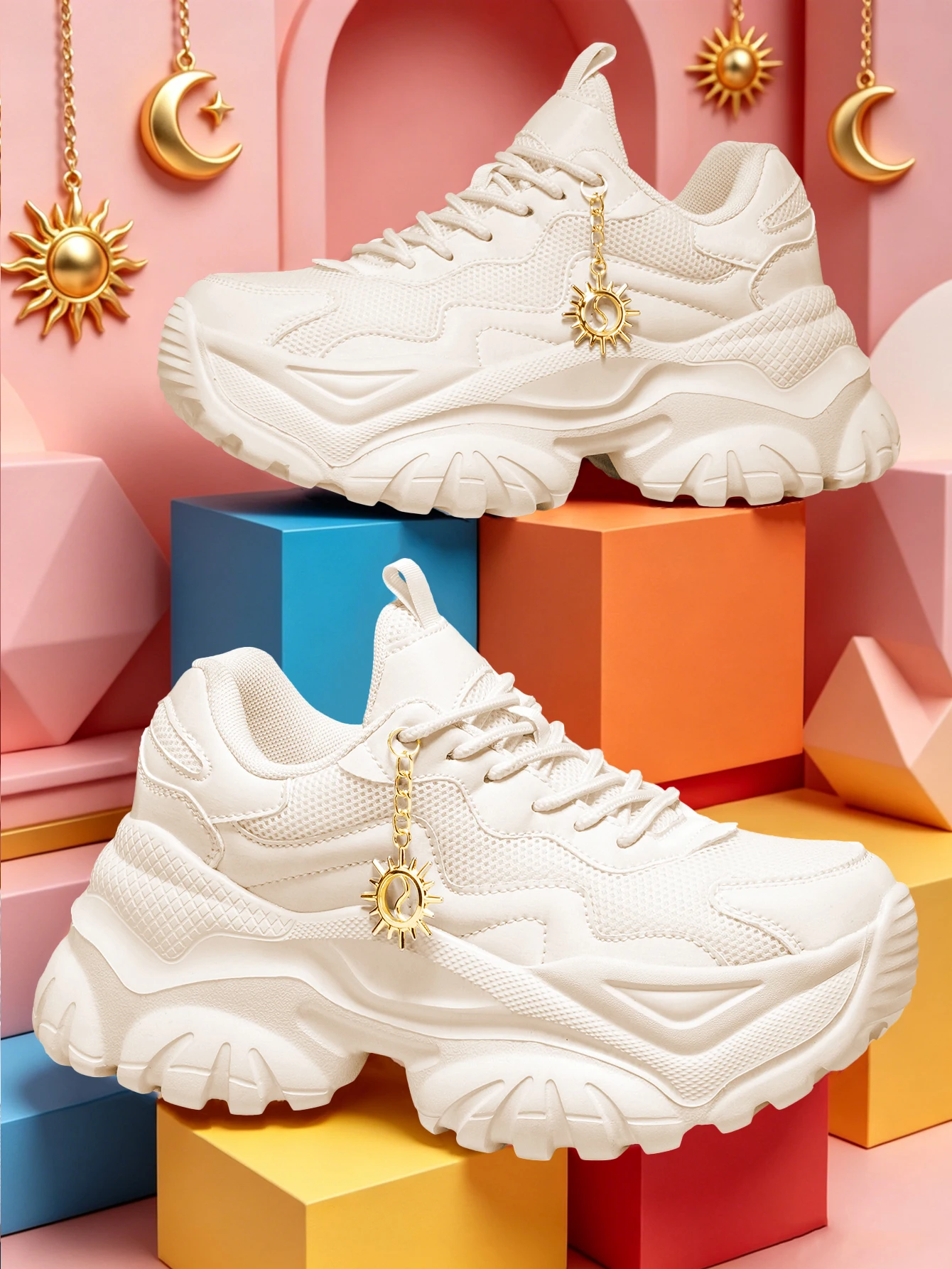 Women's 7cm Height-Increasing Fashion Dad Shoes with 3D Sunflower Design, Gold Shiny Chain Decoration, Shoe Charms, Women's Casual Sports Shoes, Outdoor All-Season Eva Thick-Soled High-Heeled Shoes, Lightweight Soft-Soled Non-Slip Running Shoes, Summer Breathable Quick-Dry Fabric Mesh Round-Toe Easy-To-Tie Off-White Large Size Shoes, Sweet Cool Style for Everyday Home Dating Fitness Work Multi-Scenario Office Shoes, Women's Versatile Trendy Shoes